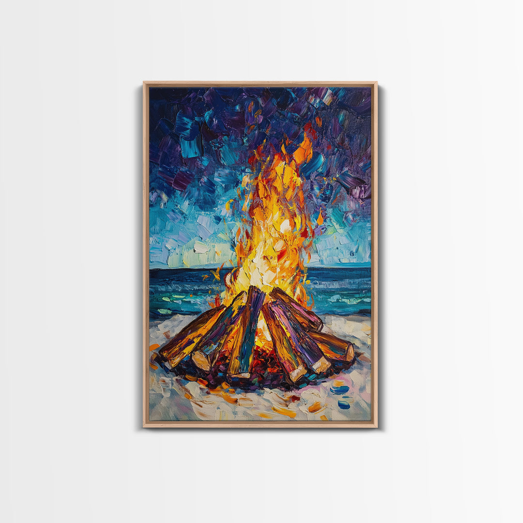 Beach Bonfire, coastal painting, moody art, seascape painting, coastal decor, nautical painting, original painting, framed canvas print