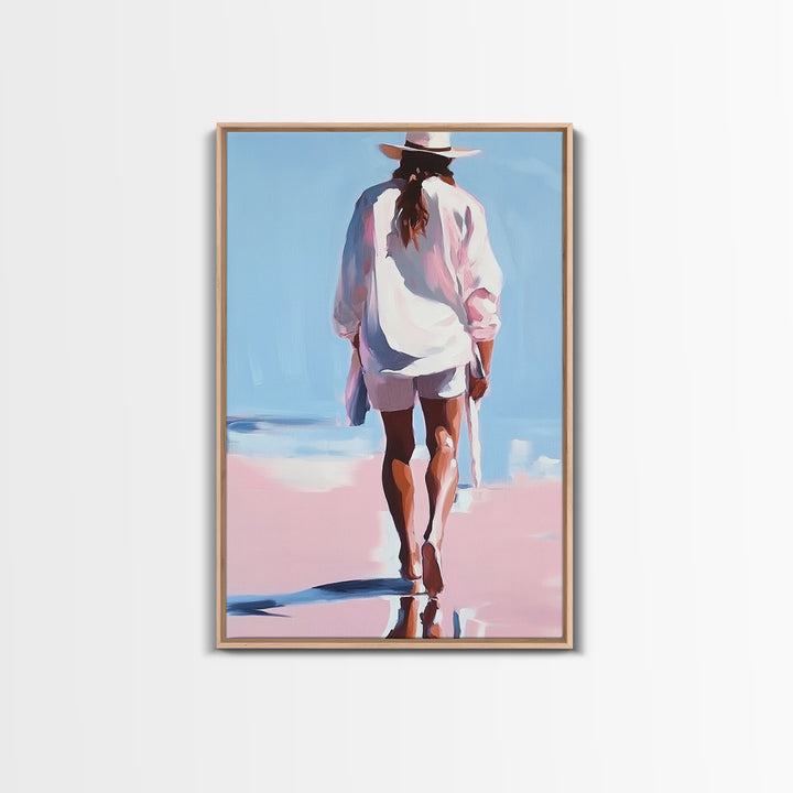 Beach Walk, coastal cowgirl wall art, boho art, pink orange wall art, light pink wall art, coastal decor, framed canvas print