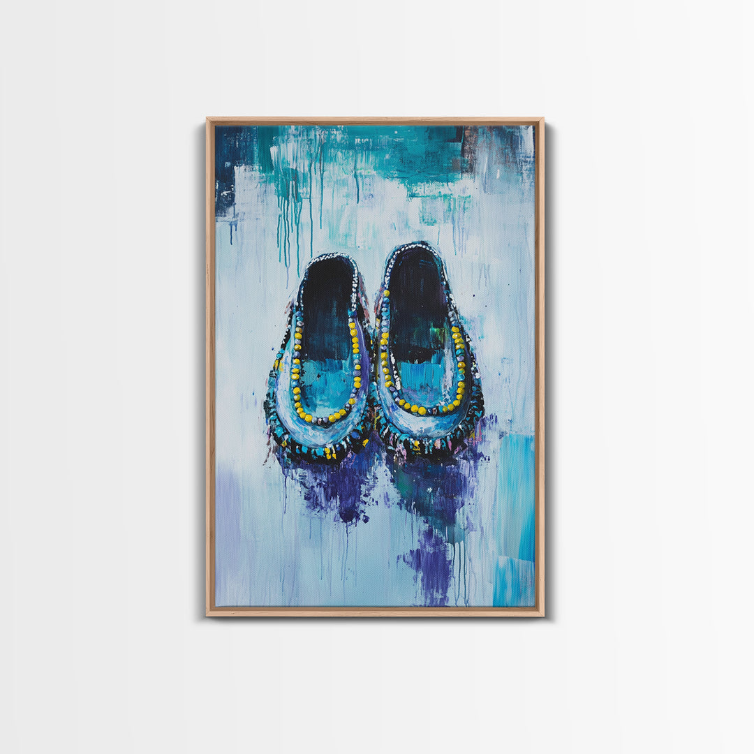 Blue Moccasins, boho art, whimsical art, teal wall art, folk art, rustic art, gift idea for her, original painting, canvas print