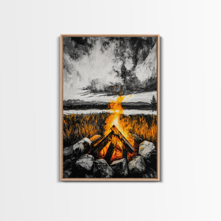Campfire Painting, Moody Art, Rustic Wall Decor, Fire Pit Artwork, Black White Orange Art, Framed Canvas Print, Cabin Wall Art