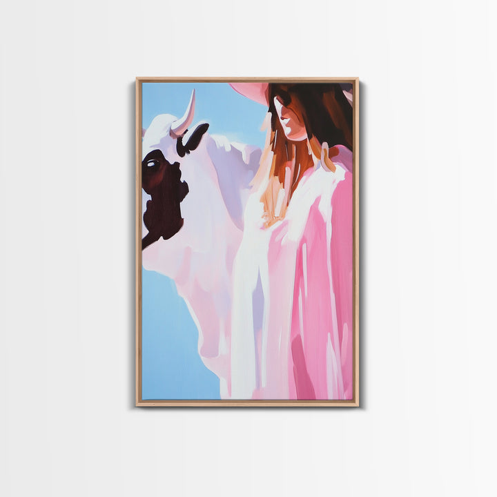 Cowgirl and Cow, black cowgirl painting, coastal cowgirl wall art, western decor, gift idea for her, boho art, light pink wall art, Canvas Print