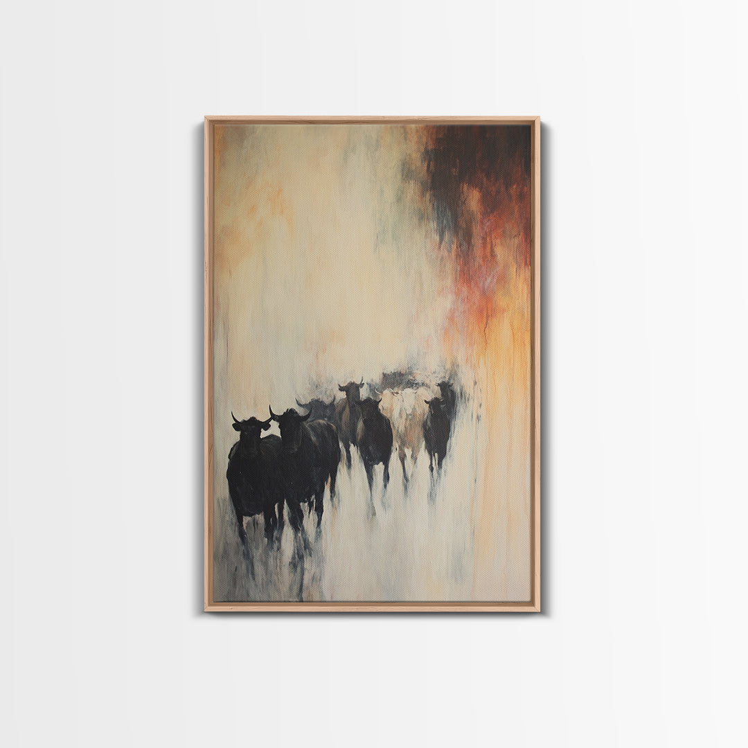 Foggy Cattle, moody art, bull and bear art, rustic wall art, farmhouse art, vintage aesthetic, country home, Canvas Print