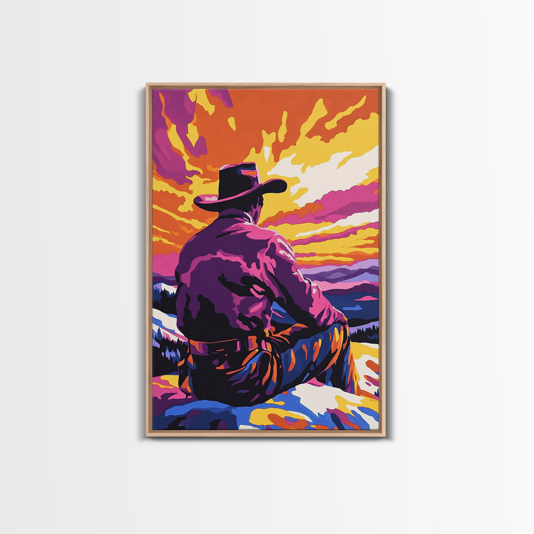 Cowboy at Sunset, western decor, southwest wall art, pink orange wall art, gift idea for him, moody art, panoramic art, Canvas Print