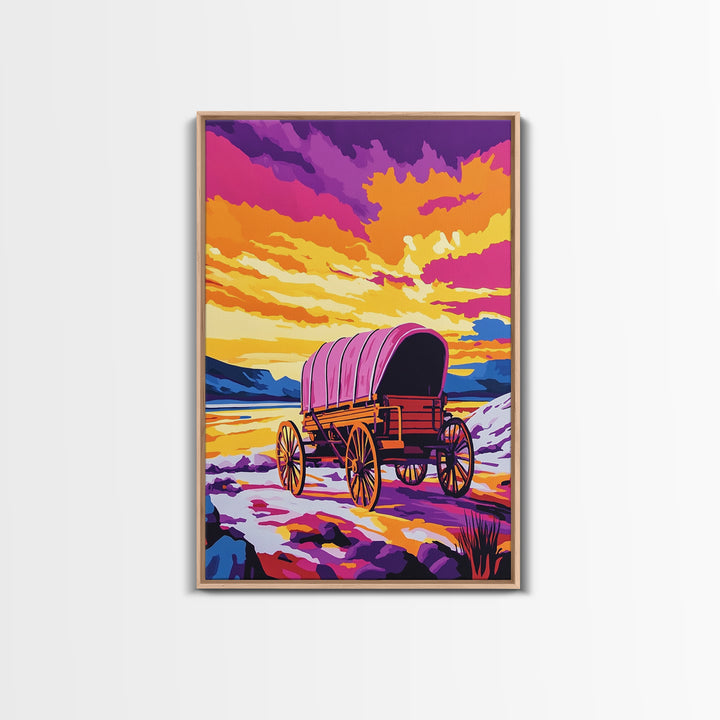 Colorful Wagon, pink orange wall art, landscape painting, southwest wall art, farmhouse art, boho art, framed canvas print, above bed art