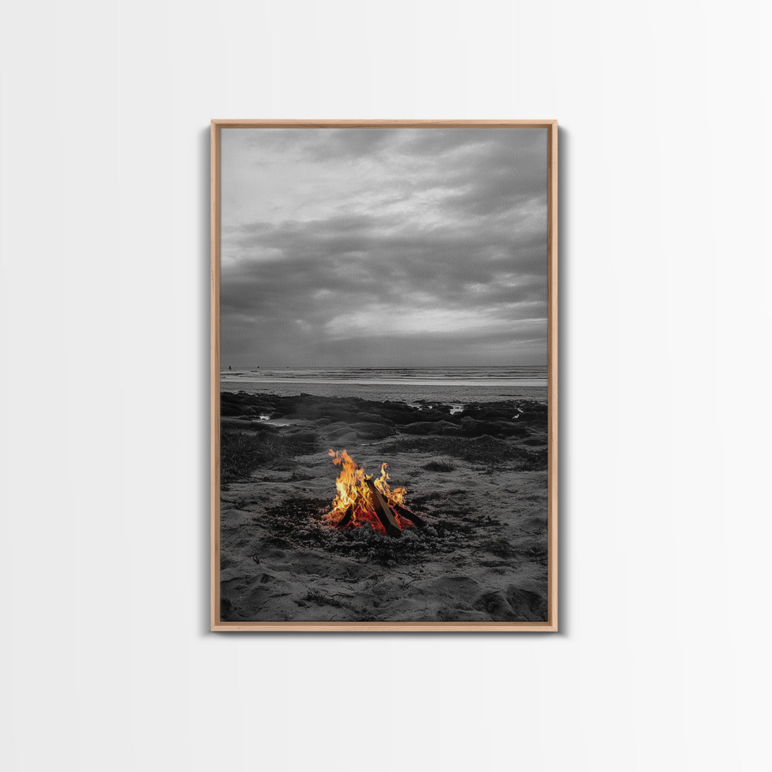 Beach bonfire, coastal art, ocean sunset, framed canvas print, nautical decor, seascape painting, cozy fire, moody beach art, fall vibes