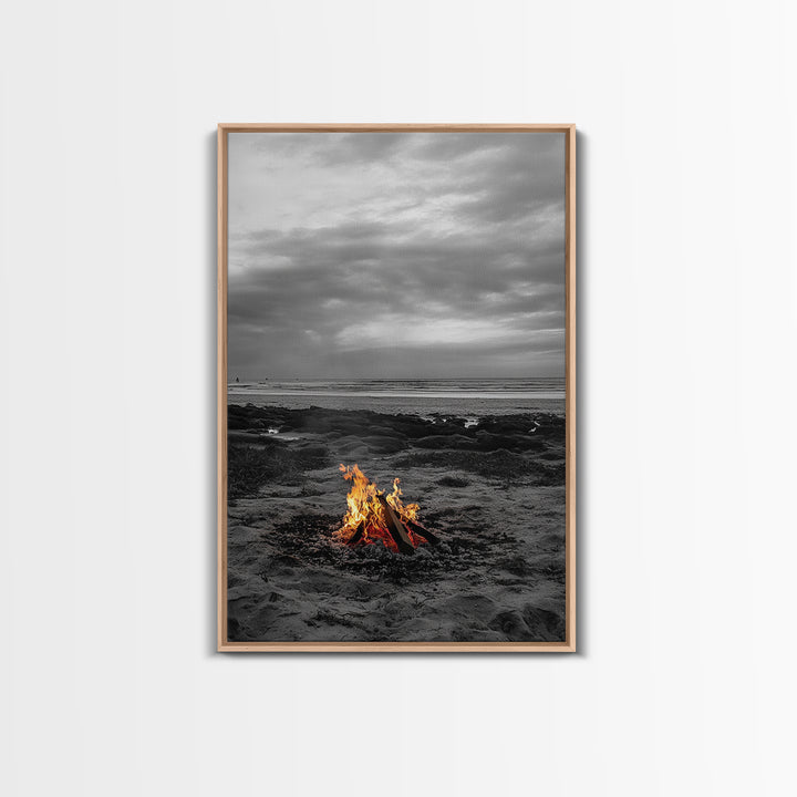 Beach bonfire, coastal art, ocean sunset, framed canvas print, nautical decor, seascape painting, cozy fire, moody beach art, fall vibes