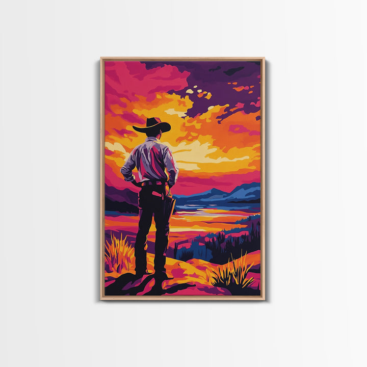 Cowboy at Sunset, pink orange wall art, Joshua tree art, southwest wall art, framed canvas print, landscape painting, moody art