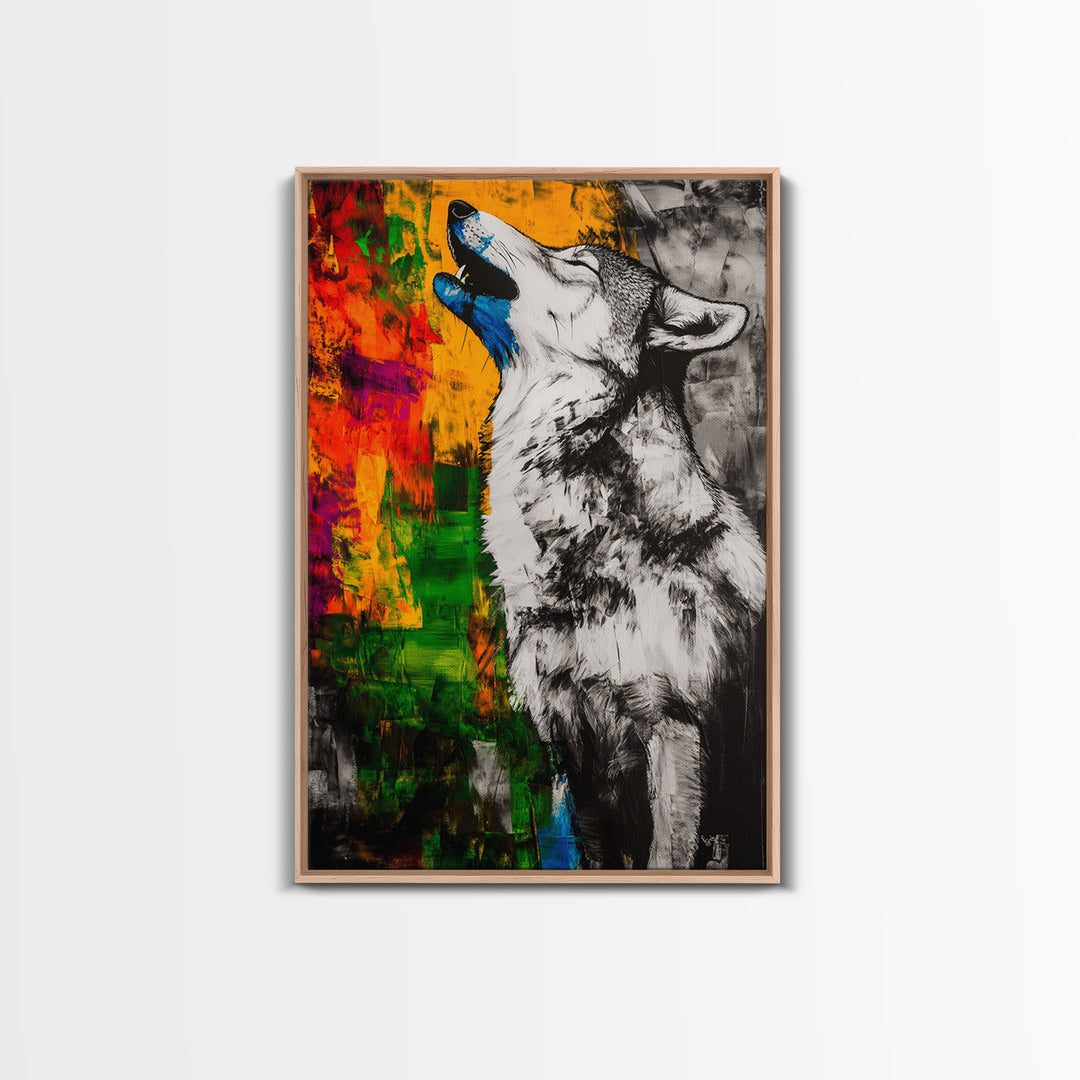 Black and White Wolf, graffiti wall art, rustic decor, moody art, southwest wall art, framed canvas print, dark romance painting