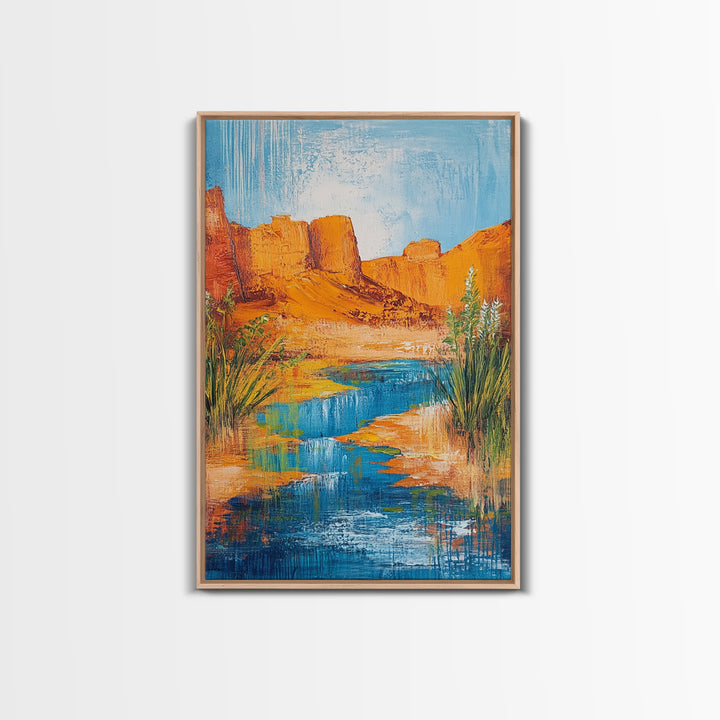 Desert Oasis, vivid landscape, blue water, rustic nature art, warm tones, panoramic painting, framed canvas print, southwest wall art