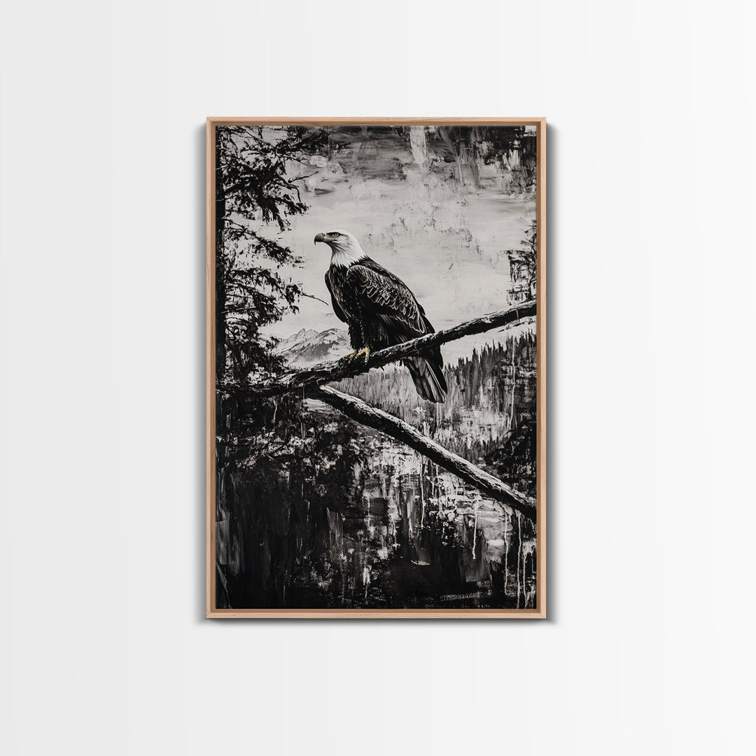 Bald Eagle, majestic bird, black and white, rustic decor, wildlife painting, nature art, framed canvas print, farmhouse wall art