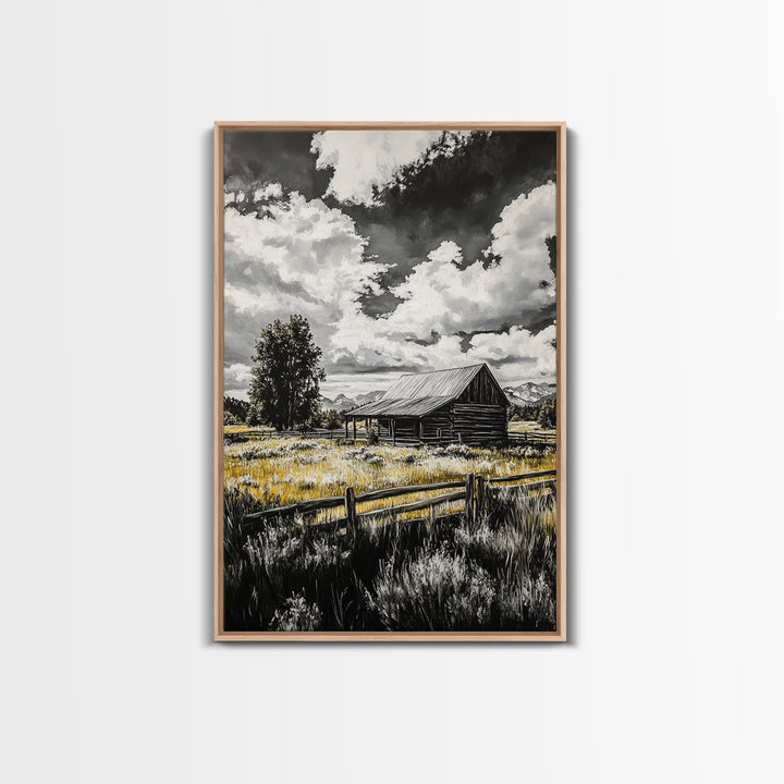 Rustic Barn, Farmhouse Art, Canvas Print, rustic wall art, barn landscape oil painting, smoky mountain art, wabi sabi wall art, vintage Christmas