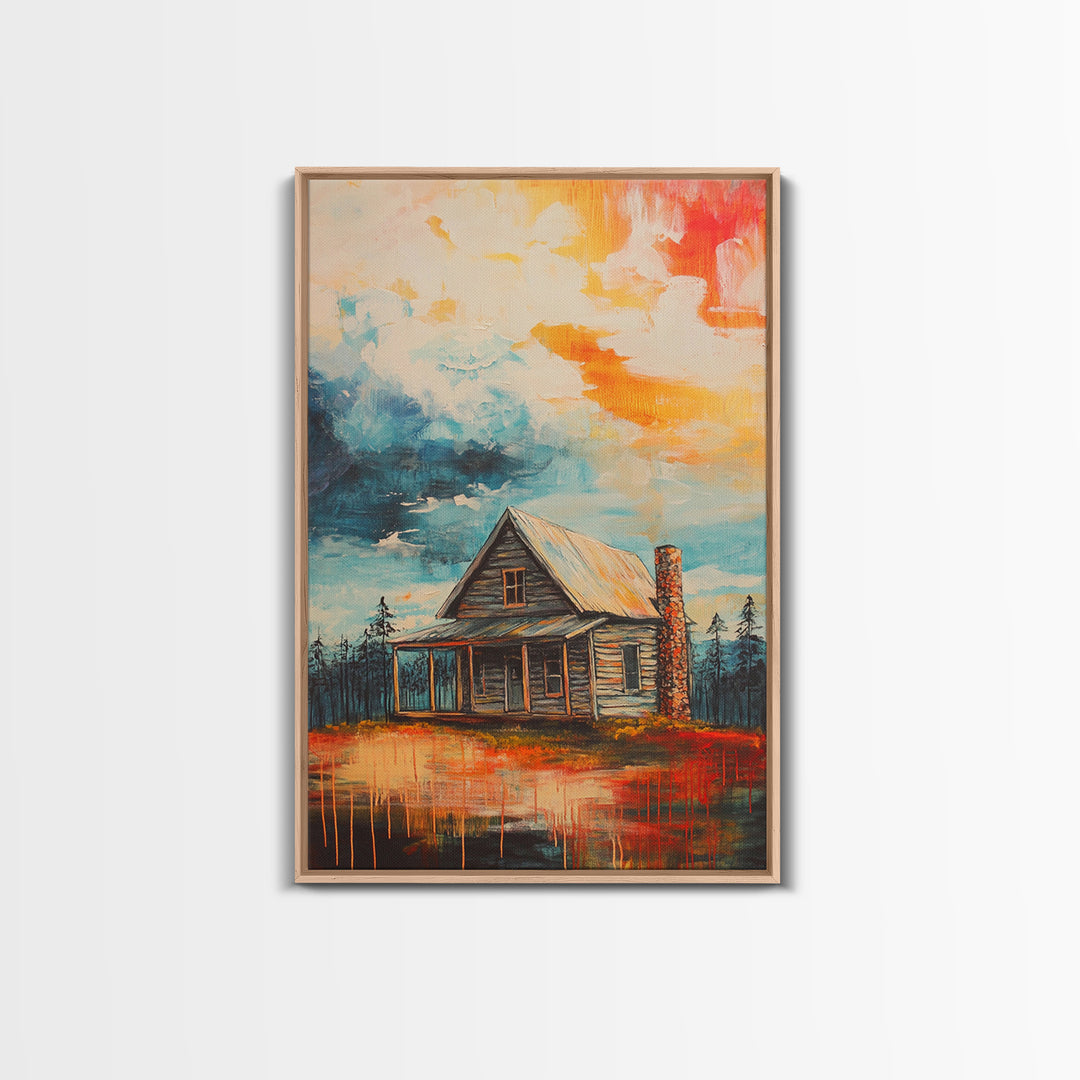 Cabin Painting, Autumn Landscape, Framed Canvas Print, rustic decor, mountain painting, landscape painting, smoky mountain art, extra wide art