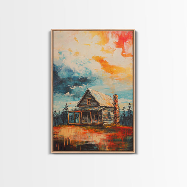 Cabin Painting, Autumn Landscape, Framed Canvas Print, rustic decor, mountain painting, landscape painting, smoky mountain art, extra wide art