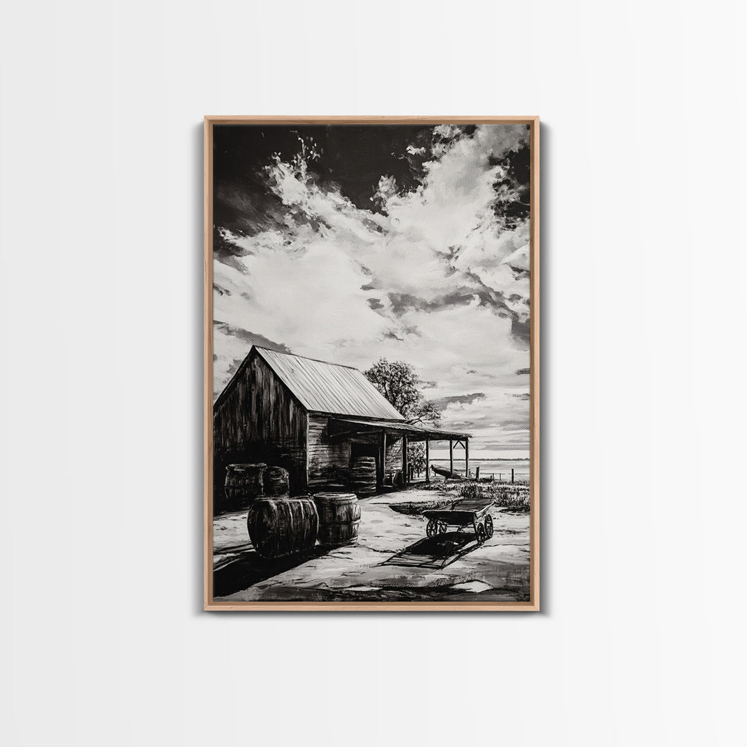 Vintage Barn, Rustic Landscape, Canvas Print, farmhouse art, rustic wall art, barn landscape oil painting, moody art, above couch art, wabi sabi art
