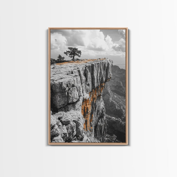 Cliffside View, Mountain Painting, Pine Tree Art, Nature Wall Art, Landscape Painting, Rustic Art, Framed Canvas Print, Moody Art