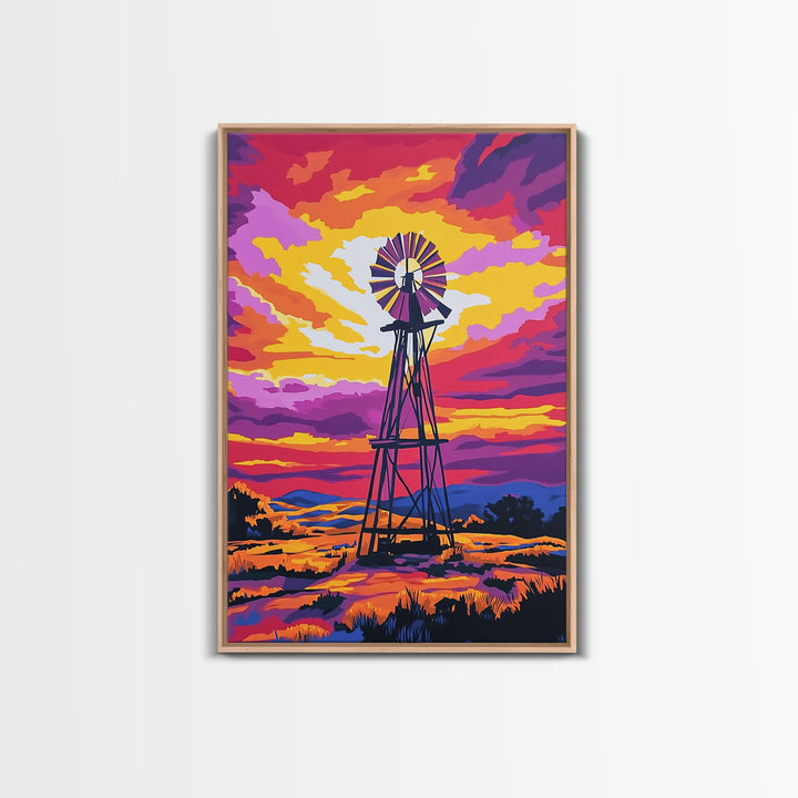 Vibrant Windmill Sunset, pink orange wall art, windmill wall art, rustic art, farmhouse art, canvas print, above couch art, gift idea for her