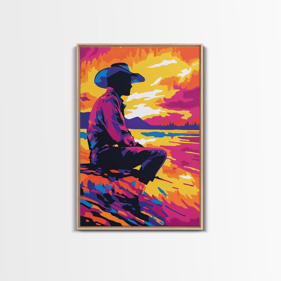 Cowboy Silhouette Sunset, southwest wall art, rustic decor, boho art, western art, pink orange wall art, canvas print, gift idea for him