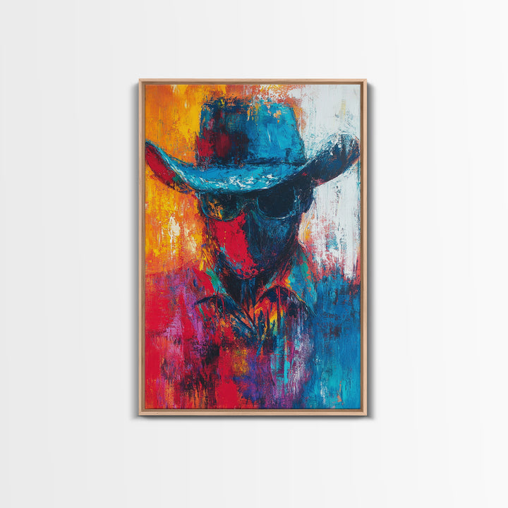 Abstract Cowboy Portrait, southwest wall art, rustic art, boho art, western art, lofi art, framed canvas print, gift idea for him