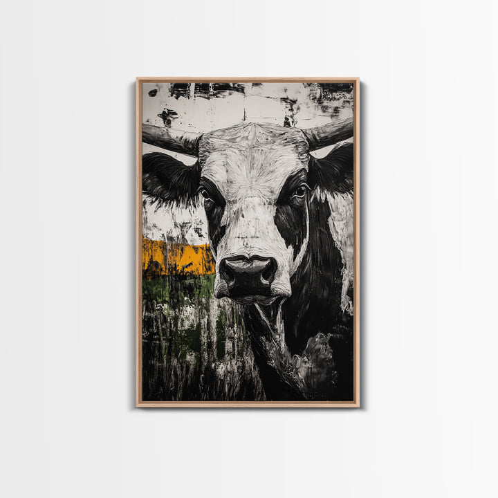 Black and White Bull, bull and bear art, rustic wall art, farmhouse art, moody art, framed canvas print, above couch art, gift idea for him