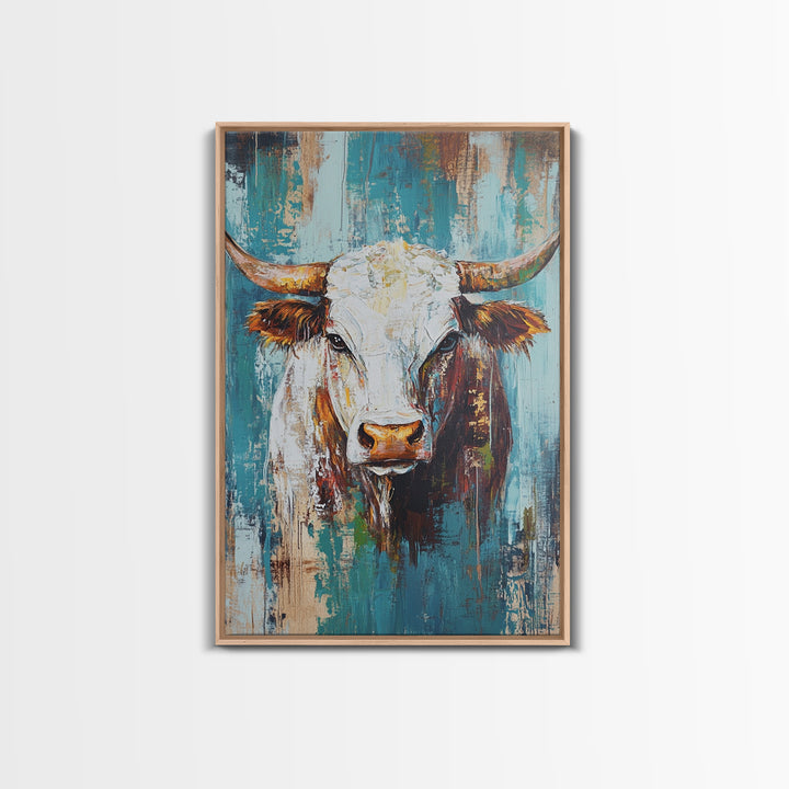 Rustic Cow Portrait, farmhouse art, rustic wall art, blue and green wall art, textured oil painting, canvas print, gift idea, wabi sabi art