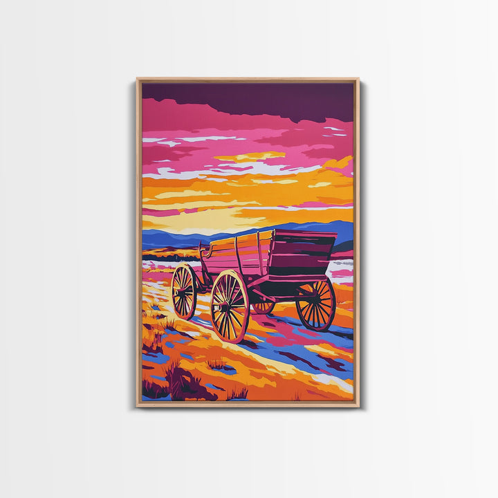 Sunset Wagon Art, pink orange wall art, Joshua tree art, rustic wall art, warm tones painting, framed canvas print, gift idea, extra wide art