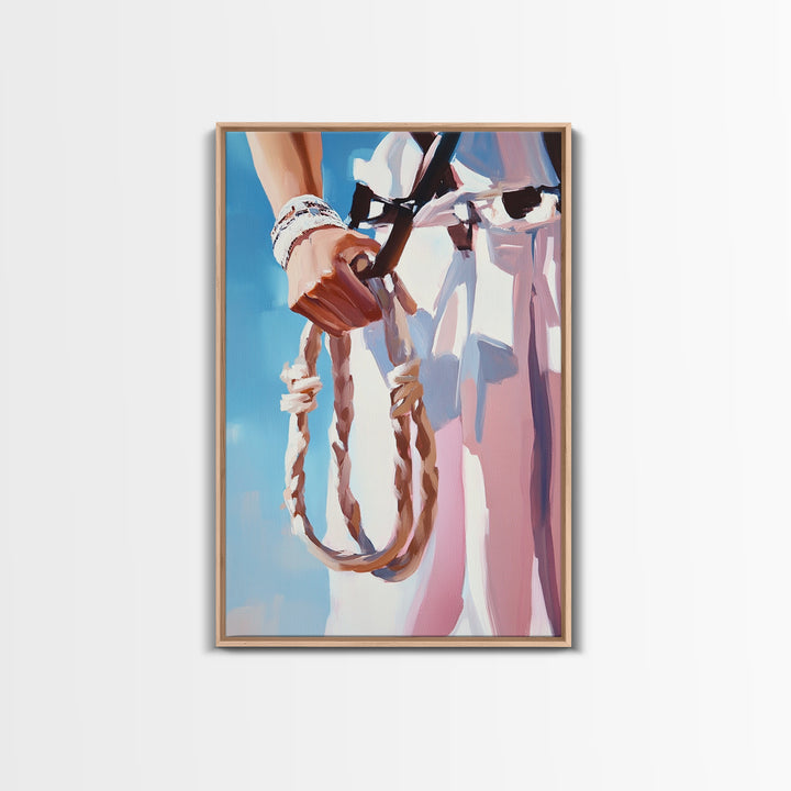 Cowgirl Holding Rope, Black Cowgirl Painting, Framed Canvas Print, Rustic Decor, Western Art, Feminine Art, Light Pink Wall Art
