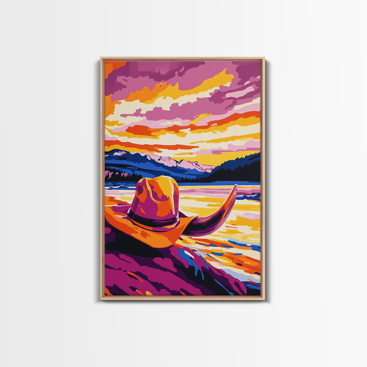 Cowgirl hat landscape, cowboy decor, rustic wall art, boho art, pink orange wall art, framed canvas print, western wall art, above bed art