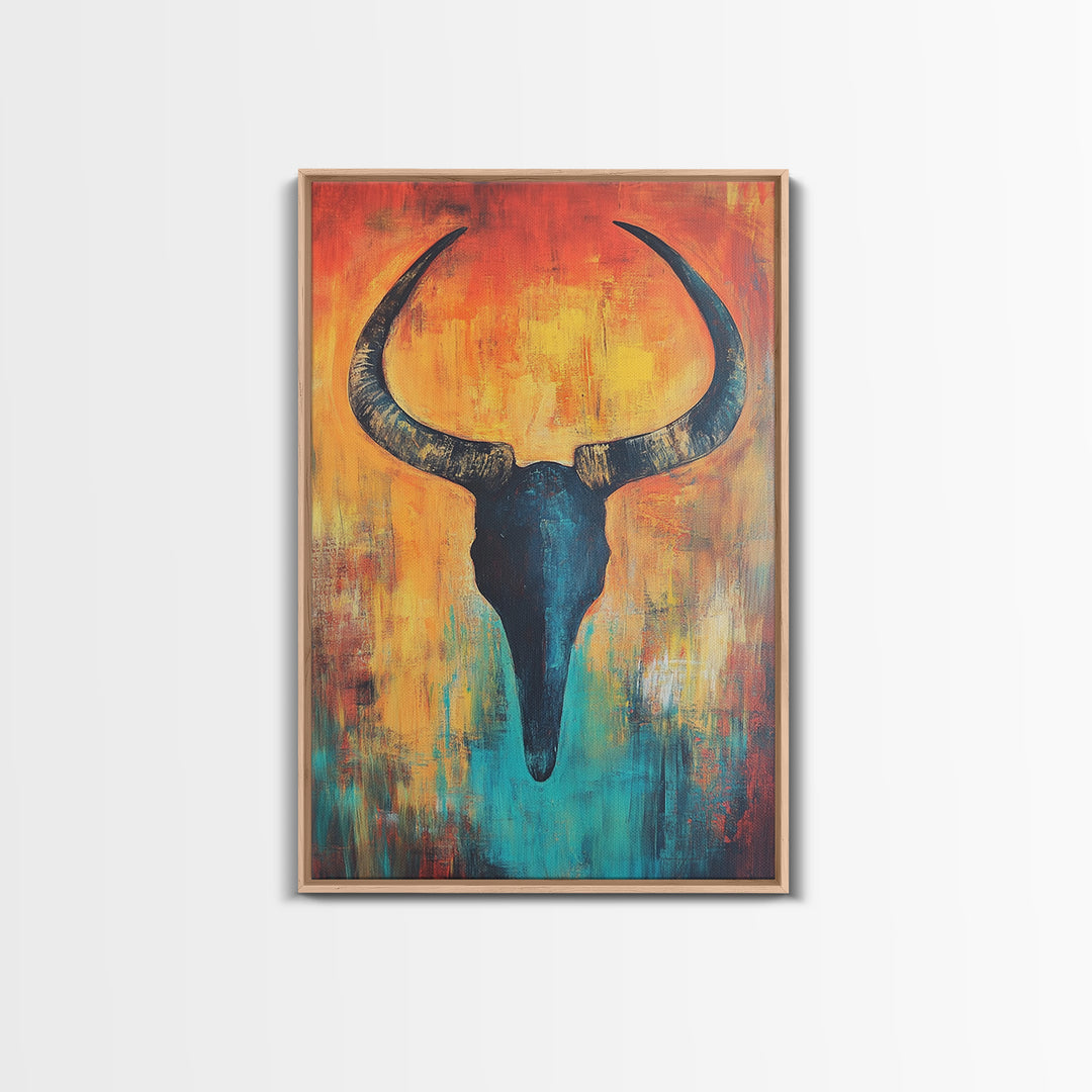 Bull skull painting, rustic wall art, western wall art, teal wall art, boho art, framed canvas print, farmhouse art, gift idea him