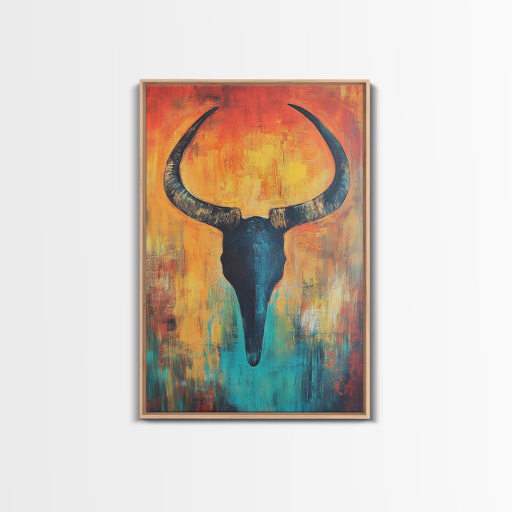 Bull skull painting, rustic wall art, western wall art, teal wall art, boho art, framed canvas print, farmhouse art, gift idea him