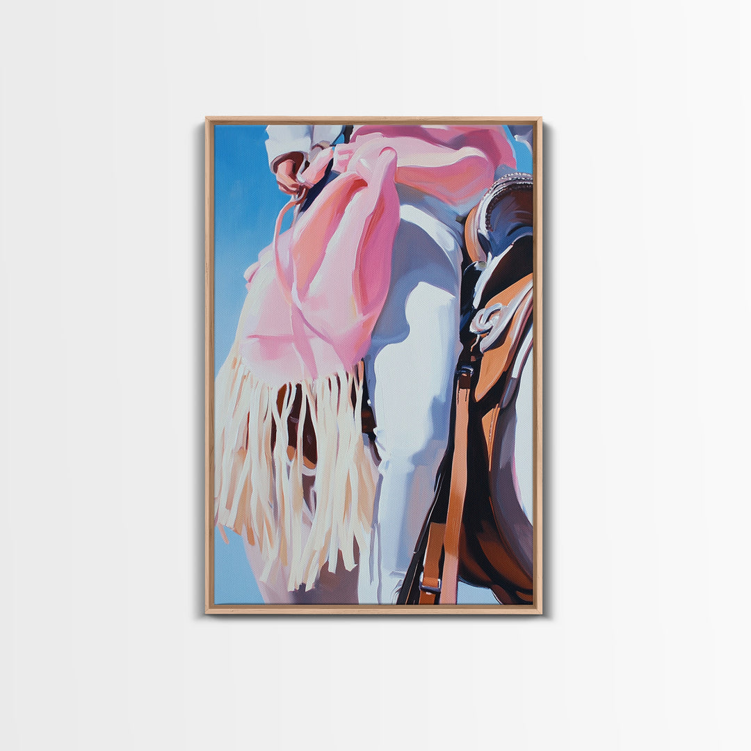 Cowgirl riding gear, western wall art, rustic decor, pink orange wall art, framed canvas print, cowboy decor, southwest wall art