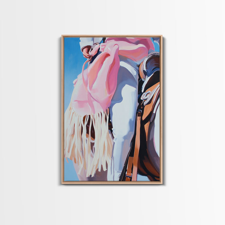 Cowgirl riding gear, western wall art, rustic decor, pink orange wall art, framed canvas print, cowboy decor, southwest wall art