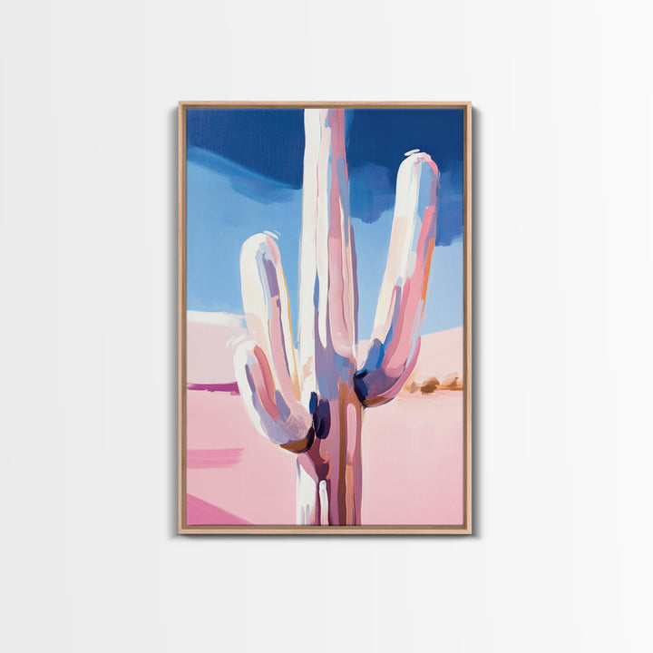 Abstract Cactus, Pastel Desert, Minimalist Landscape, Southwest Wall Art, Canvas Print, Vertical Wall Art, Boho Art, Light Pink Wall Art