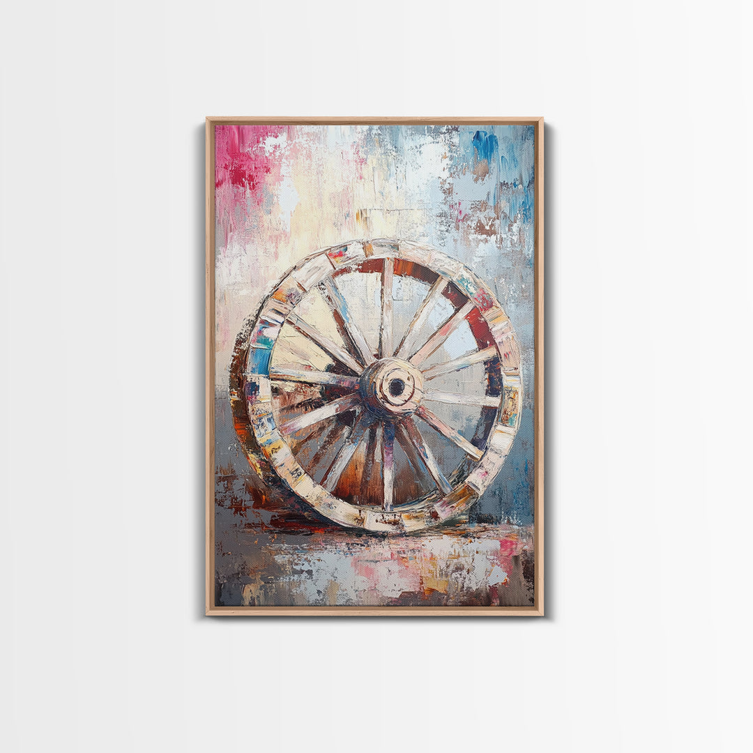 Abstract Rustic Wheel, Mosaic Wall Art, Teal Wall Art, Framed Canvas Print, Southwest Aesthetic, Moody Art, Farmhouse Decor, Gift Idea