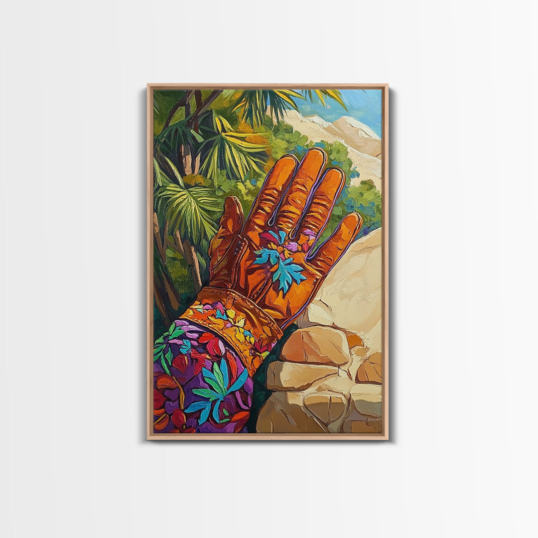 Embroidered Glove, southwest wall art, vintage folk art, botanical prints, rustic art, moody art, unique gift idea, Framed Canvas Print