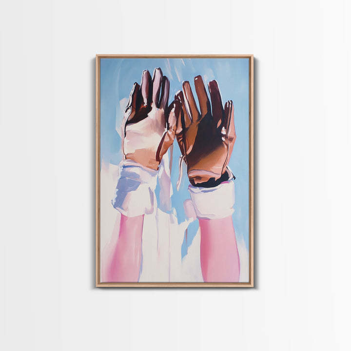Leather Gloves Up, rustic wall art, cowboy art, boho art, wabi sabi art, warm neutral painting, above sofa art, Framed Canvas Print