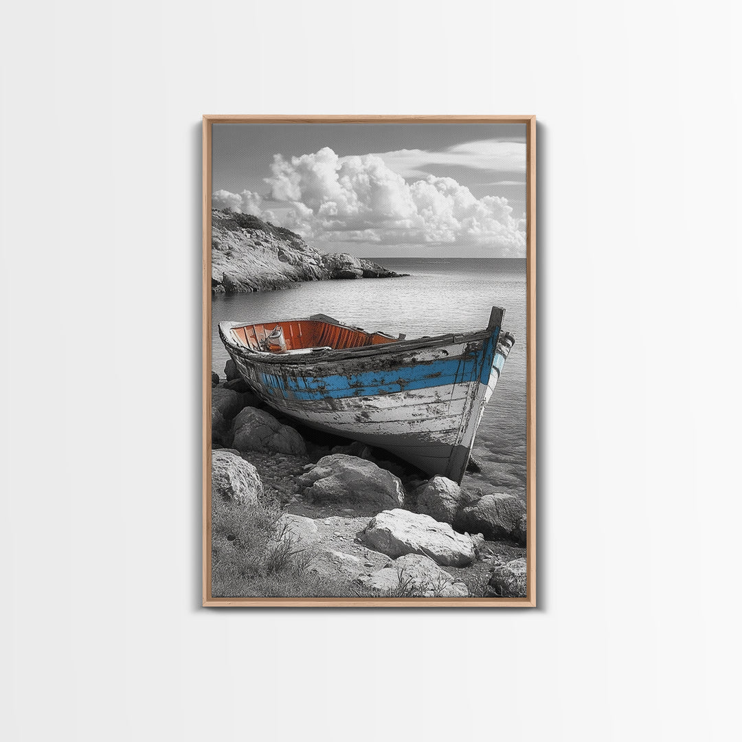 Rustic Boat Painting, Coastal Decor, Nautical Wall Art, Seascape Painting, Beach House Art, Gift Idea, Canvas Print, Wabi Sabi Art