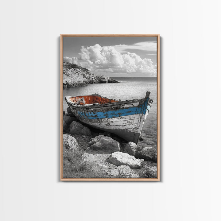 Rustic Boat Painting, Coastal Decor, Nautical Wall Art, Seascape Painting, Beach House Art, Gift Idea, Canvas Print, Wabi Sabi Art
