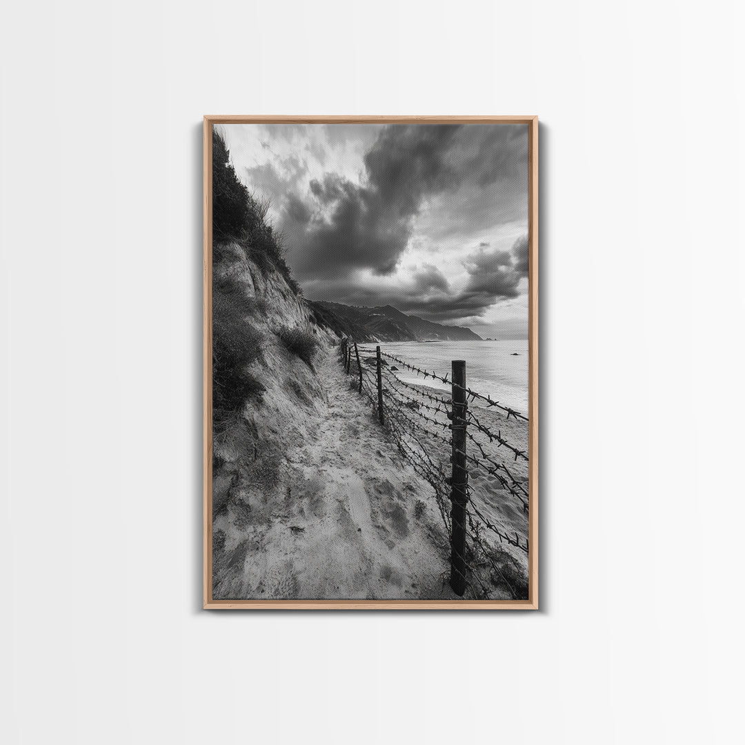 Coastal Path, stormy beach, dramatic sky, coastal wall art, black and white, framed canvas print, moody landscape, nautical decor