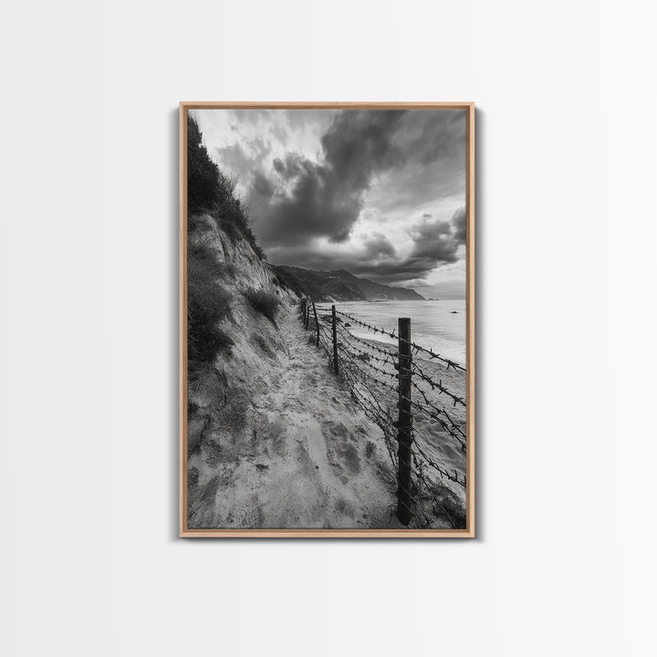 Coastal Path, stormy beach, dramatic sky, coastal wall art, black and white, framed canvas print, moody landscape, nautical decor