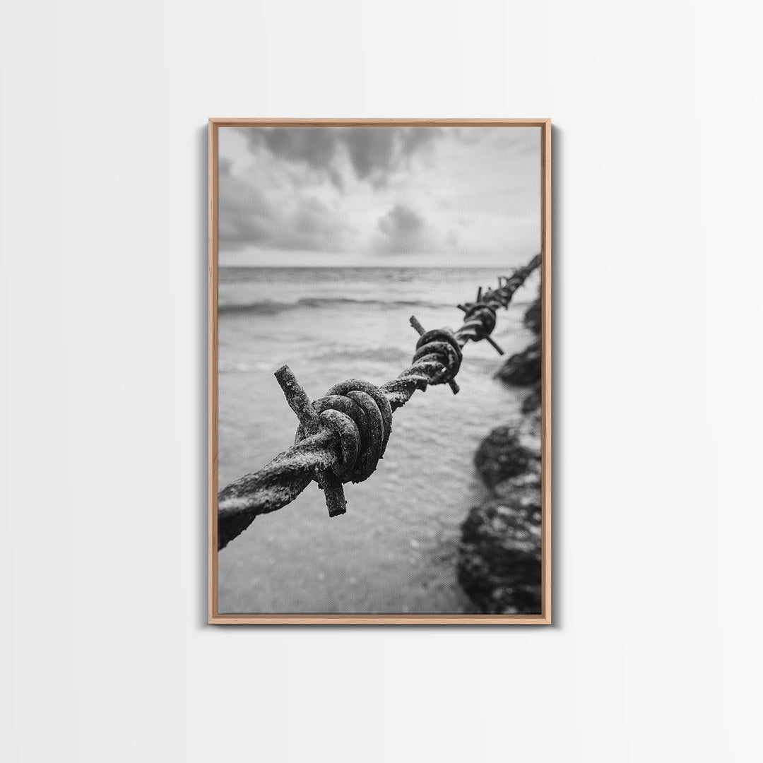 Barbed Wire, ocean view, rustic decor, coastal cowgirl wall art, wabi sabi art, moody photography, framed canvas print, minimalist art