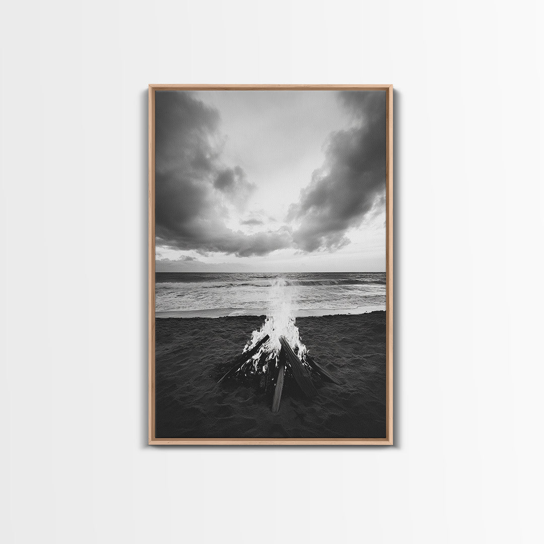 Beach Bonfire, coastal landscape art, rustic decor, moody art, dramatic seascape, black and white, framed canvas print, nautical wall art