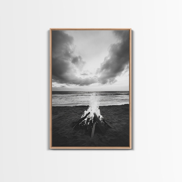 Beach Bonfire, coastal landscape art, rustic decor, moody art, dramatic seascape, black and white, framed canvas print, nautical wall art