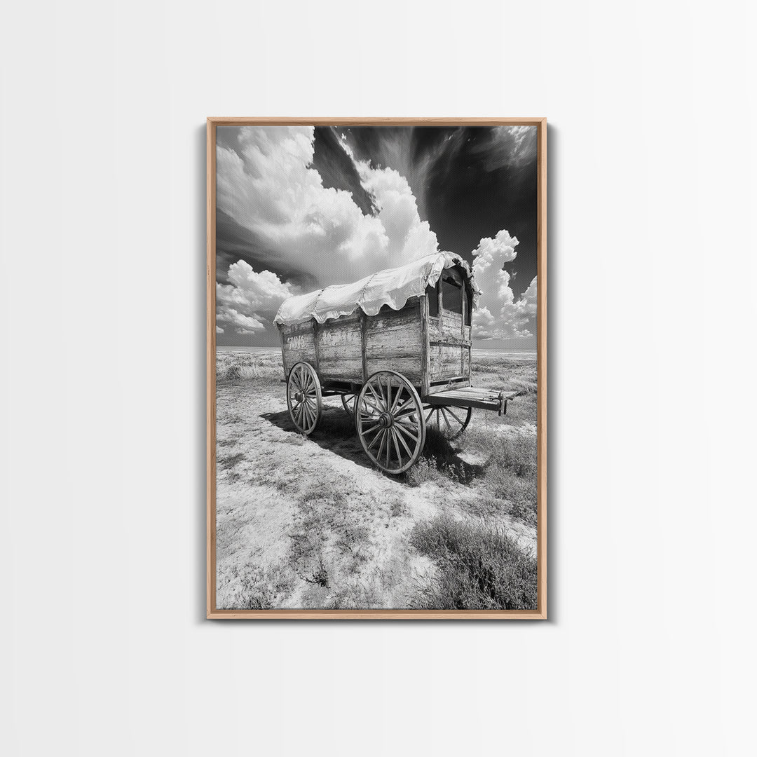 Covered wagon photography, rustic decor, framed canvas print, southwest wall art, farmhouse art, western aesthetic, black and white photography