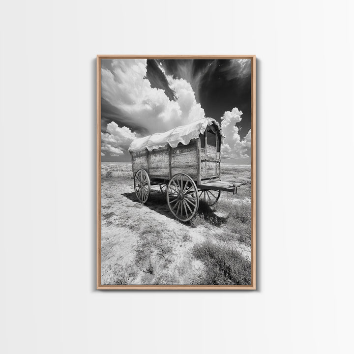 Covered wagon photography, rustic decor, framed canvas print, southwest wall art, farmhouse art, western aesthetic, black and white photography