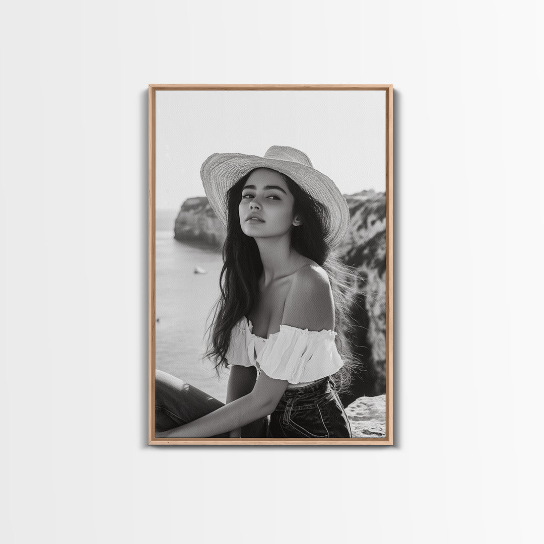 Coastal cowgirl wall art, boho art, framed canvas print, ocean photography, rustic decor, beach aesthetic, seascape painting, black and white art