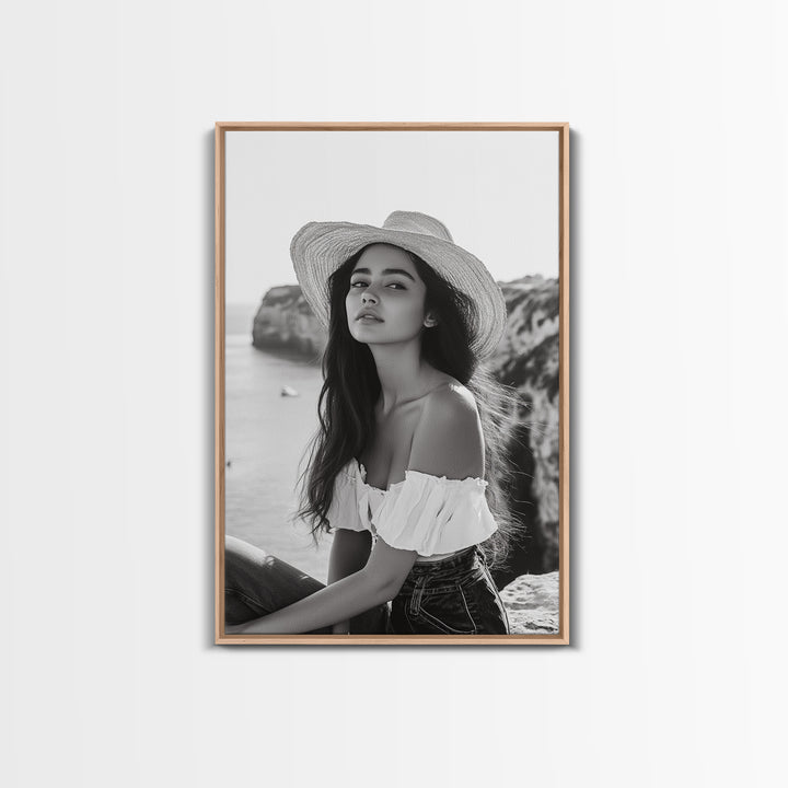 Coastal cowgirl wall art, boho art, framed canvas print, ocean photography, rustic decor, beach aesthetic, seascape painting, black and white art