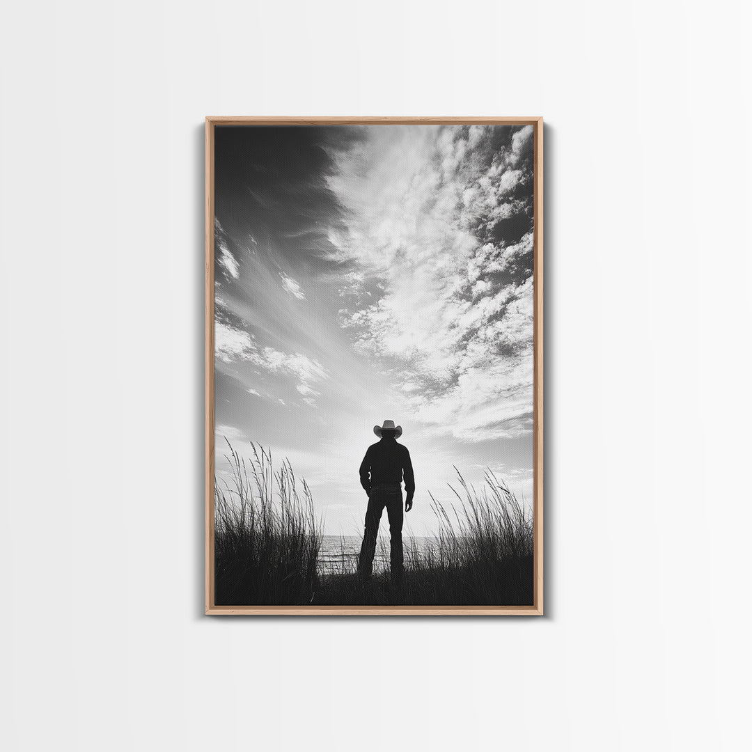 Lone Cowboy, coastal cowgirl wall art, moody art, western art, rustic decor, wabi sabi art, framed canvas print, extra wide art