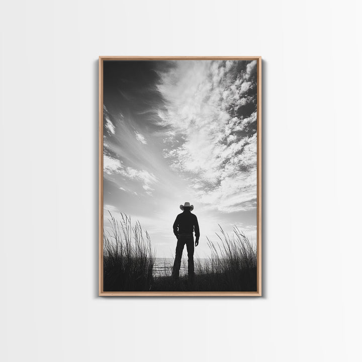Lone Cowboy, coastal cowgirl wall art, moody art, western art, rustic decor, wabi sabi art, framed canvas print, extra wide art