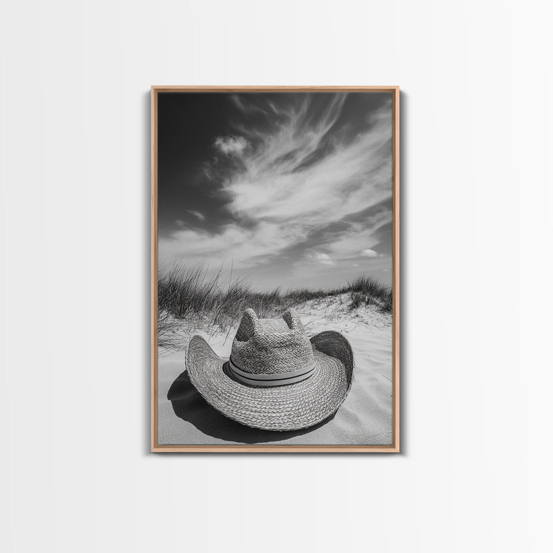 Straw Hat, coastal cowgirl wall art, wabi sabi art, beach photography, western decor, rustic art, framed canvas print, minimalist art
