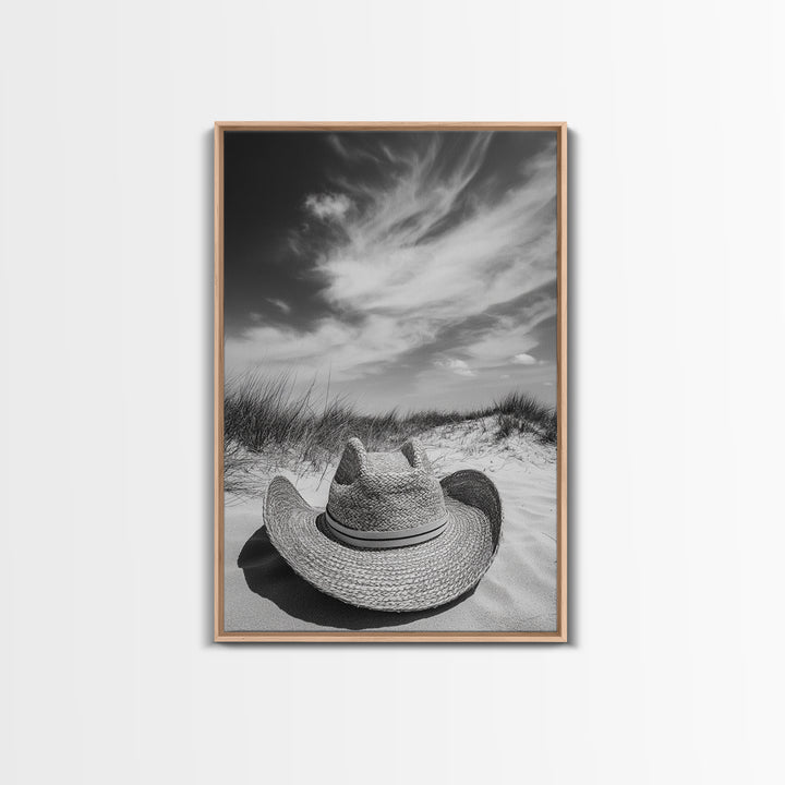 Straw Hat, coastal cowgirl wall art, wabi sabi art, beach photography, western decor, rustic art, framed canvas print, minimalist art